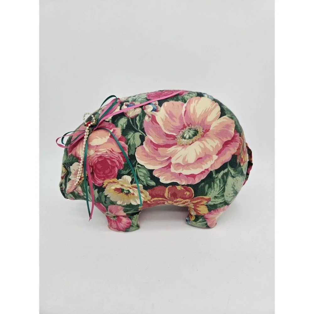 Vintage Handmade Floral Stuffed Pig Piggy Figural Flower‎ 90s Pillow Bow Stands!